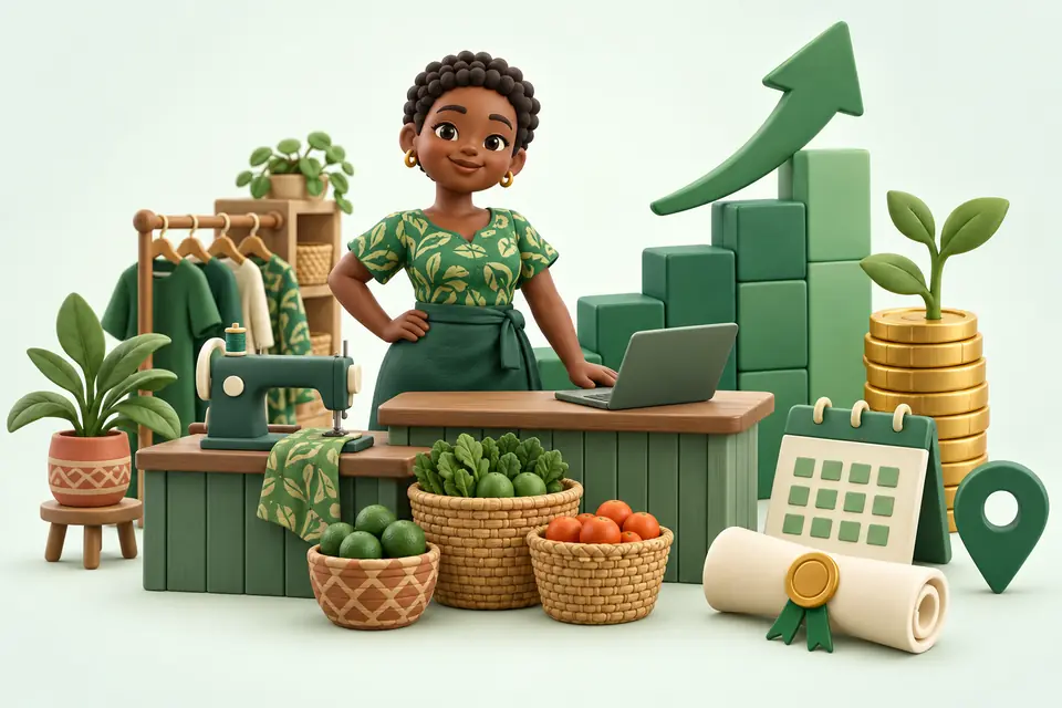 Illustration: a Nigerian entrepreneur at her shop counter, with growth blocks, coins and a certificate around her