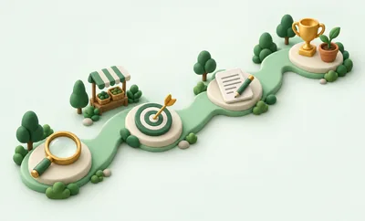 Illustration: a winding path from searching for funding, to a match, a draft application and a growing seedling